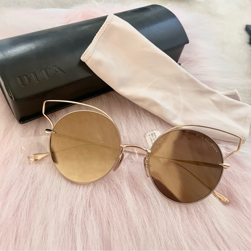 NWT DITA Believer Designer Winged Sunglasses in Tan and Gold with Case and Box